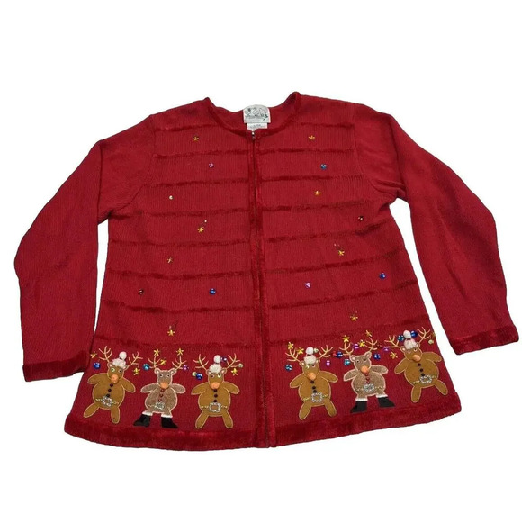 The Quaker Factory Christmas Reindeer Cardigan Sweater Woman’s Large Full Zip - Picture 1 of 12
